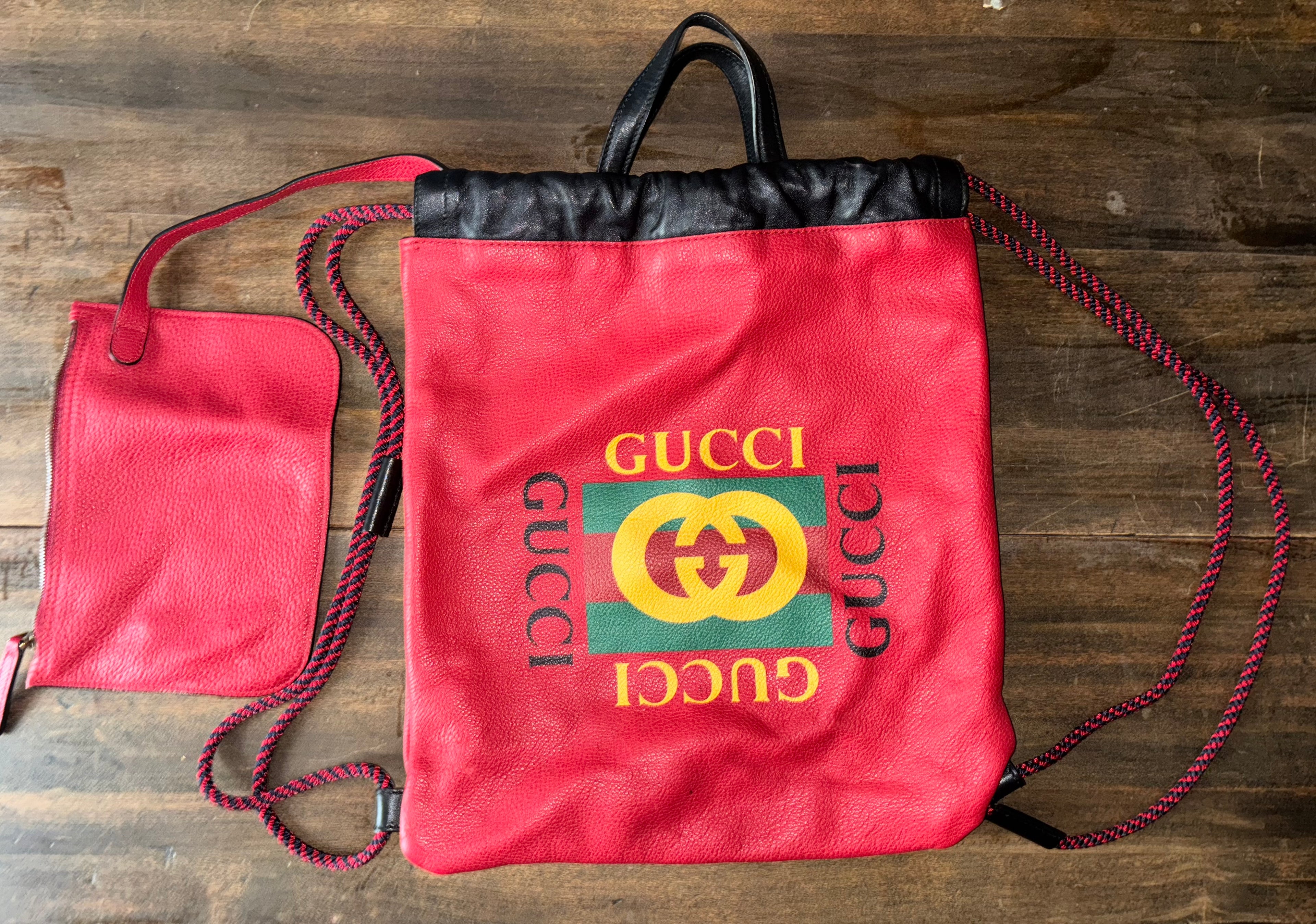 Gucci Red Leather Logo Drawstring Backpack