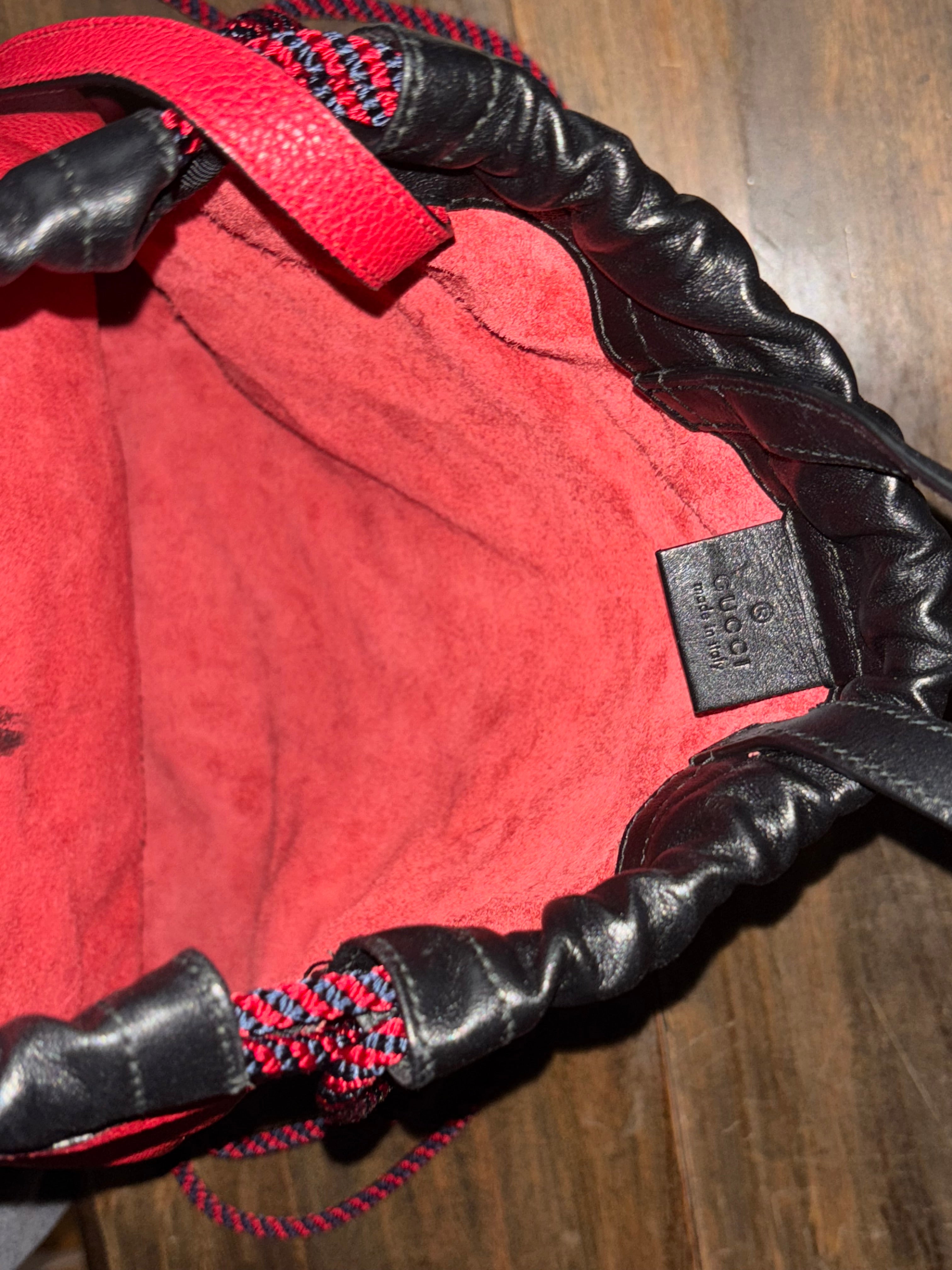 Gucci Red Leather Logo Drawstring Backpack