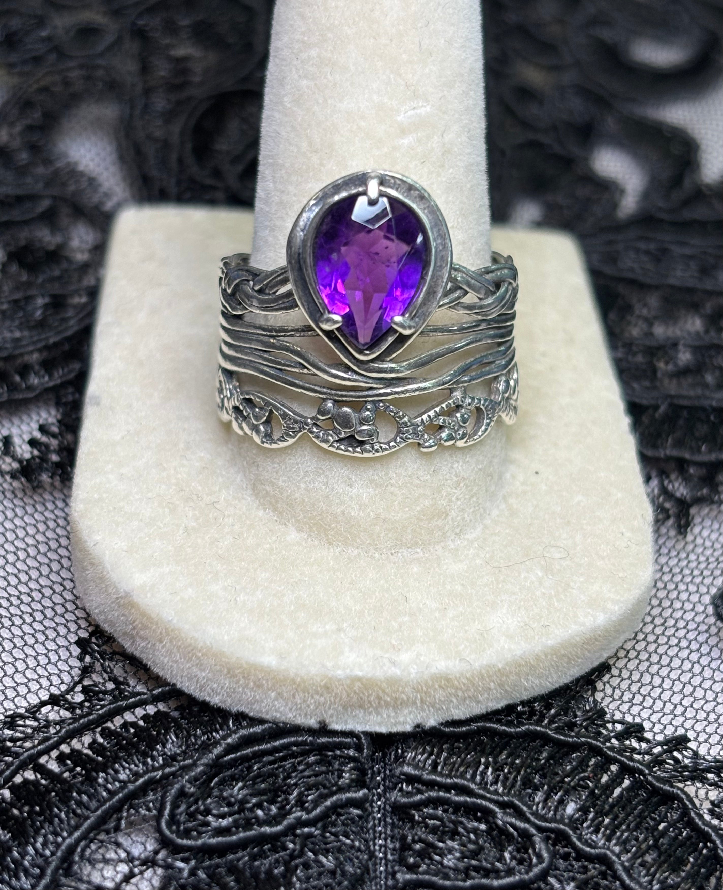 Paz Creations Israel 925 Pear Amethyst Ring Size 9