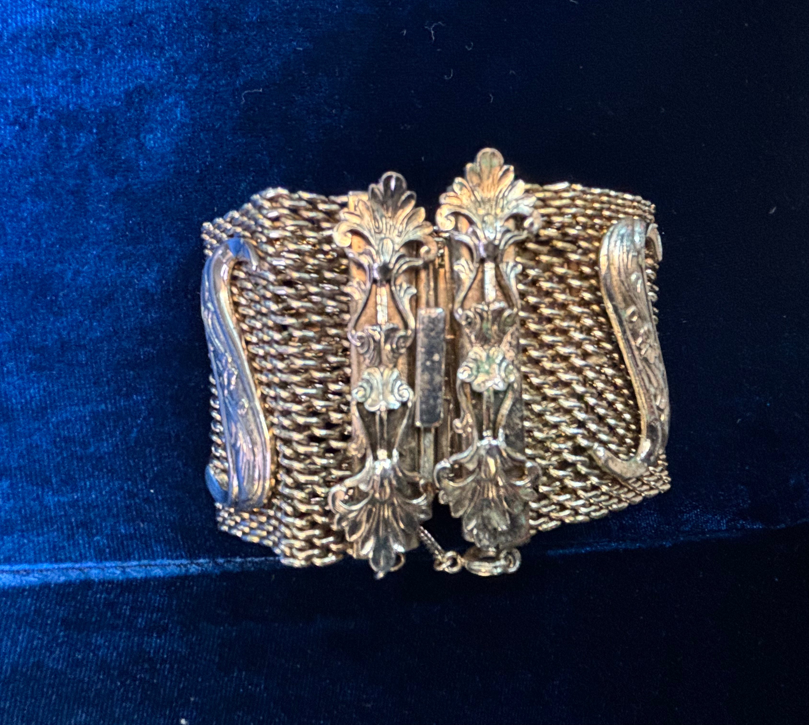 Vintage Signed Marino Wide Gold Tone Mesh Bracelet